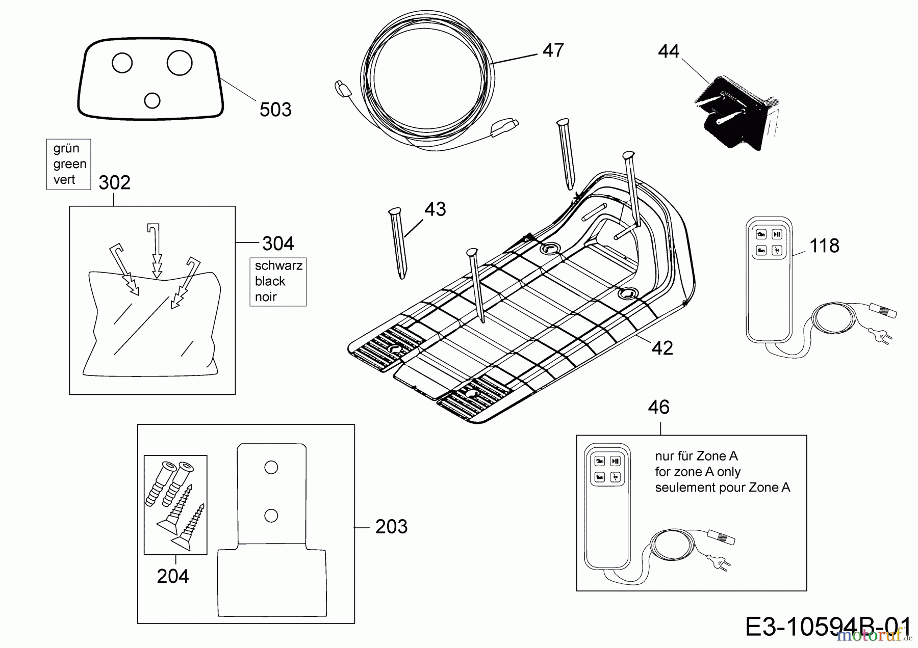  Wolf-Garten Mähroboter Robo Scooter 1800 18AO18LF650  (2014) Basisstation, Heringe und Rasennägel, Power-Räder, Stromversorgung, Verlängerung